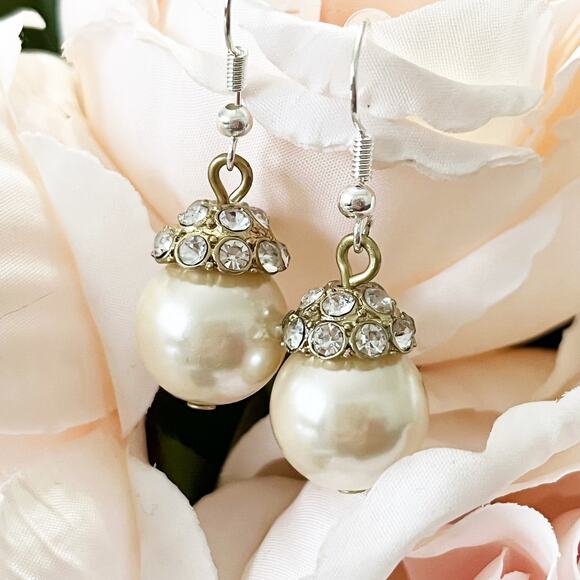 Upcycled J. Crew Crystal Pearl Drop Earrings - Picture 1 of 5